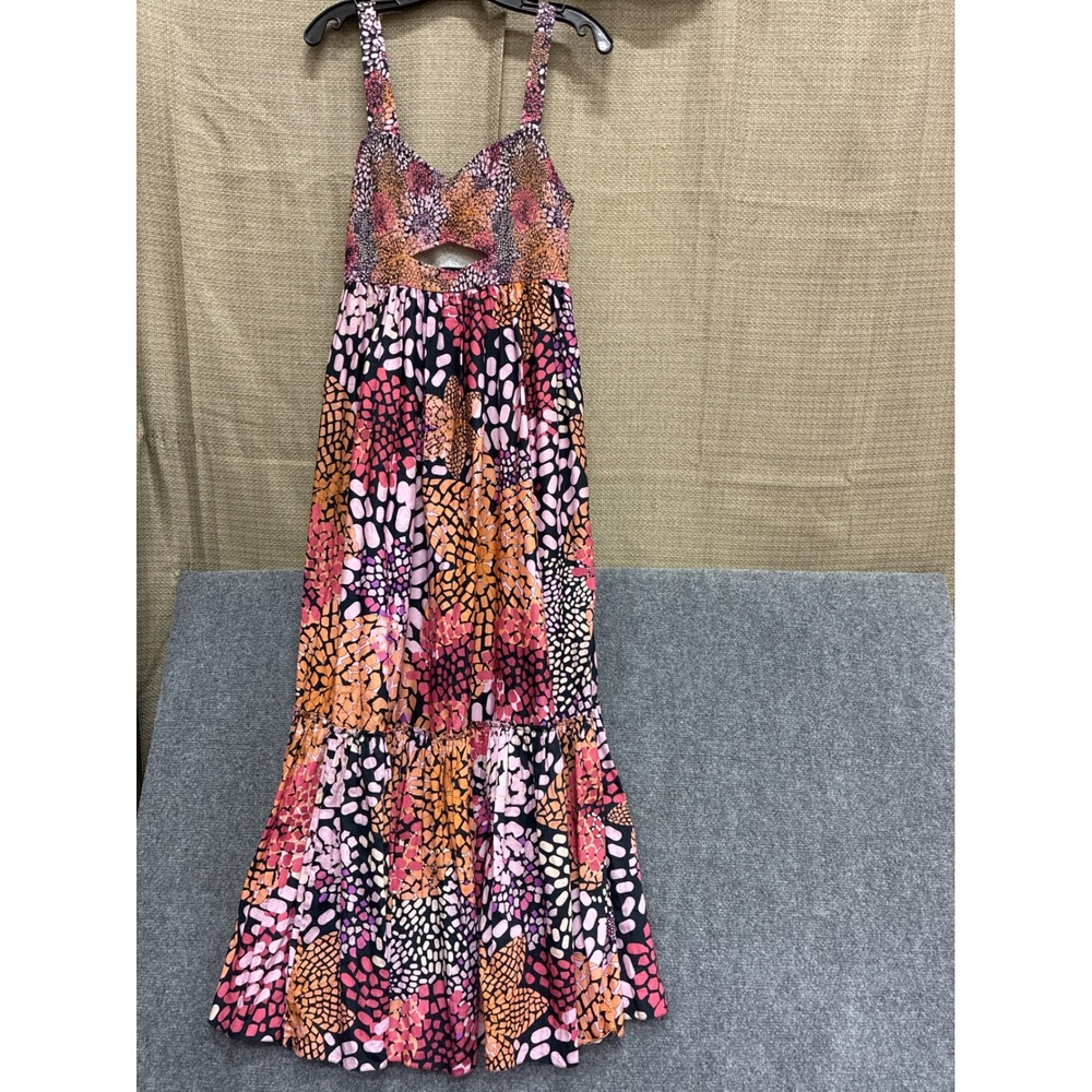 Geisha Designs Pink Orange Mosaic Smocked Cutout Tiered Cotton Maxi Dress Small